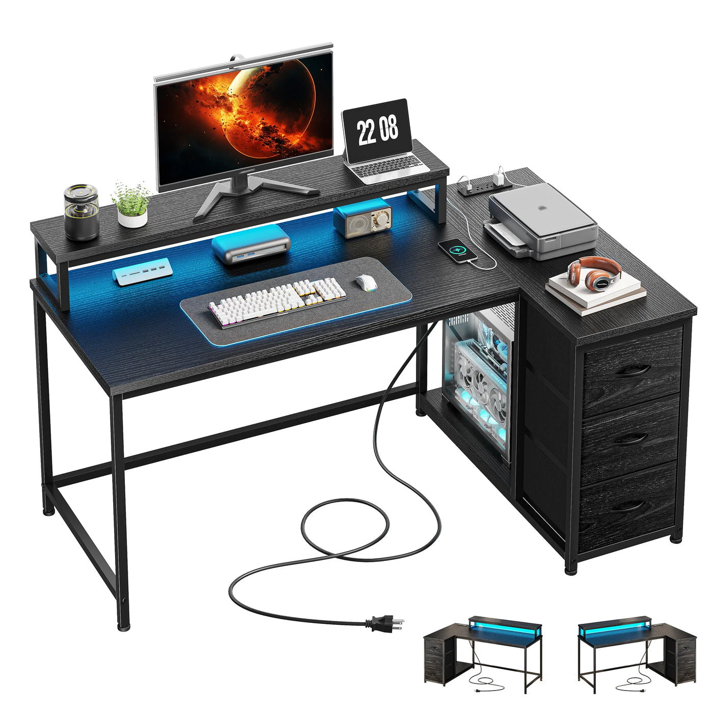 EnHomee  40" L-Shaped Computer Desk with Monitor Stand & 3 Drawers Gaming Desk with Power Outlet and LED Lights for Gaming Home Office