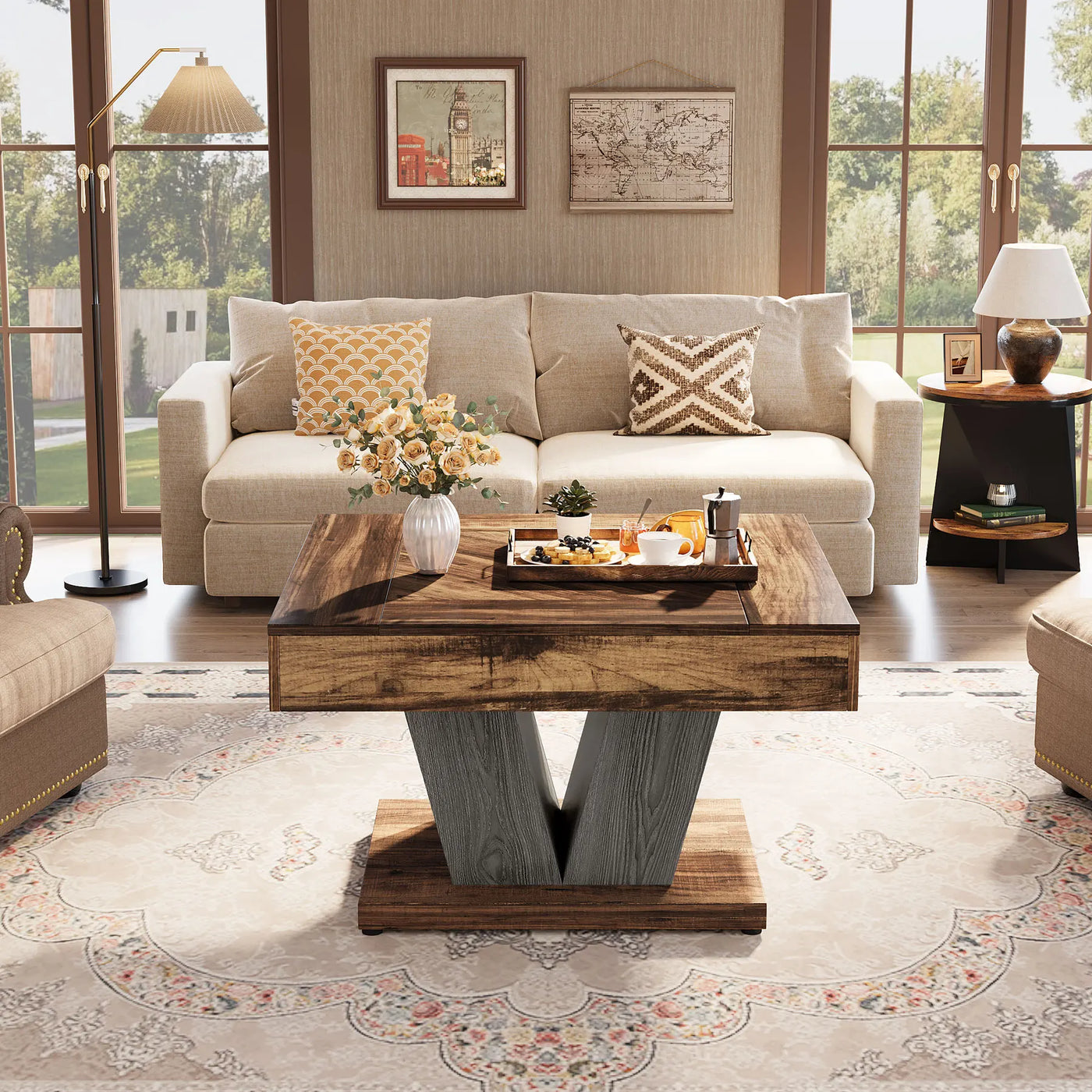 Tribesigns 80cm Square Coffee Table in Rustic Brown & Black - Modern Wooden Centre Table for Living Room