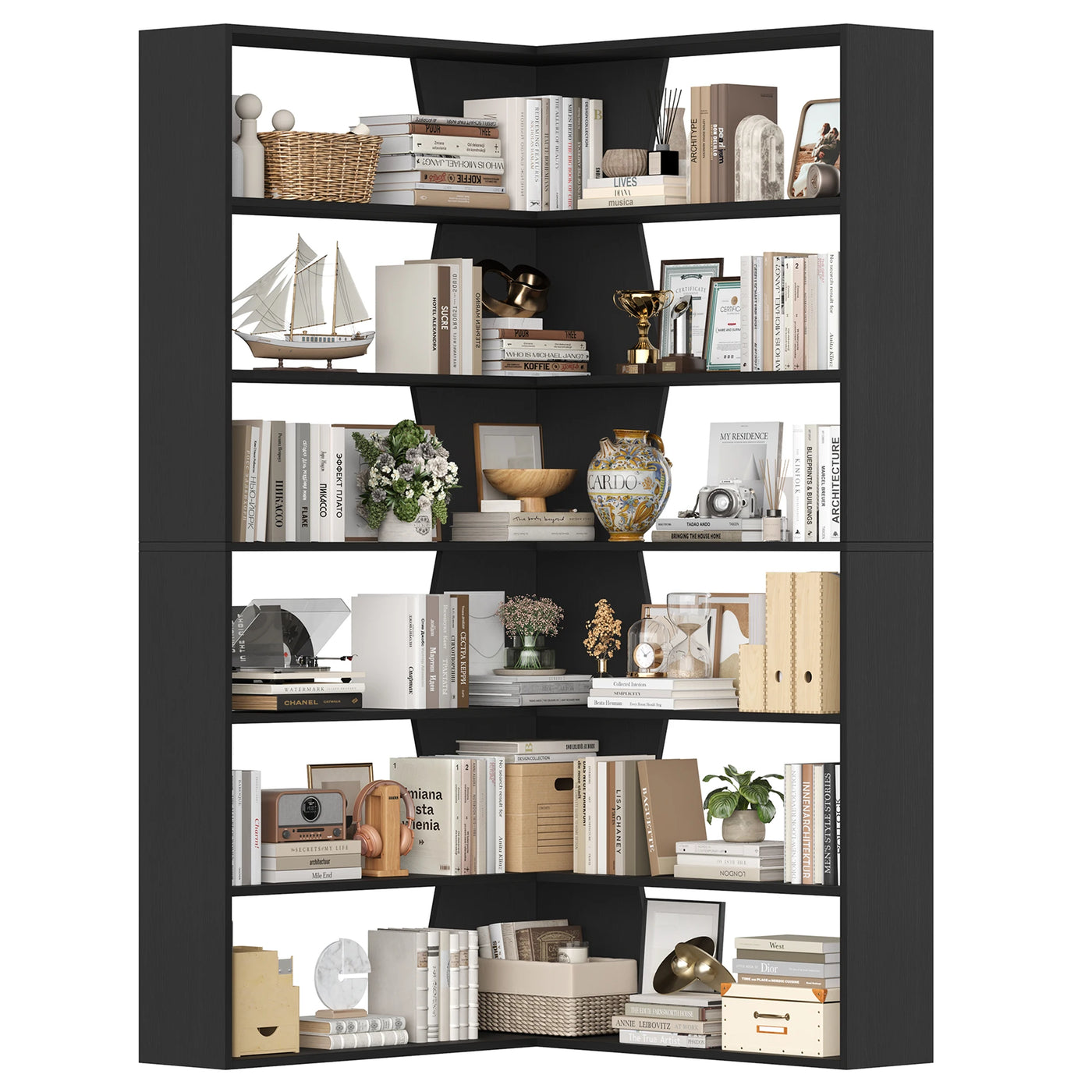 Getone 190cm bookshelf, high corner shelf with 6 levels, books wardrobe corner bookshelf living room, study 90x90x190.5cm