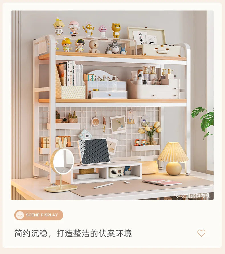 Bookcase With Grid Bookshelf Desktop Multi-layer Wrought Iron Shelf Student Computer Desk Table Hole Board Table Wooden Shelves