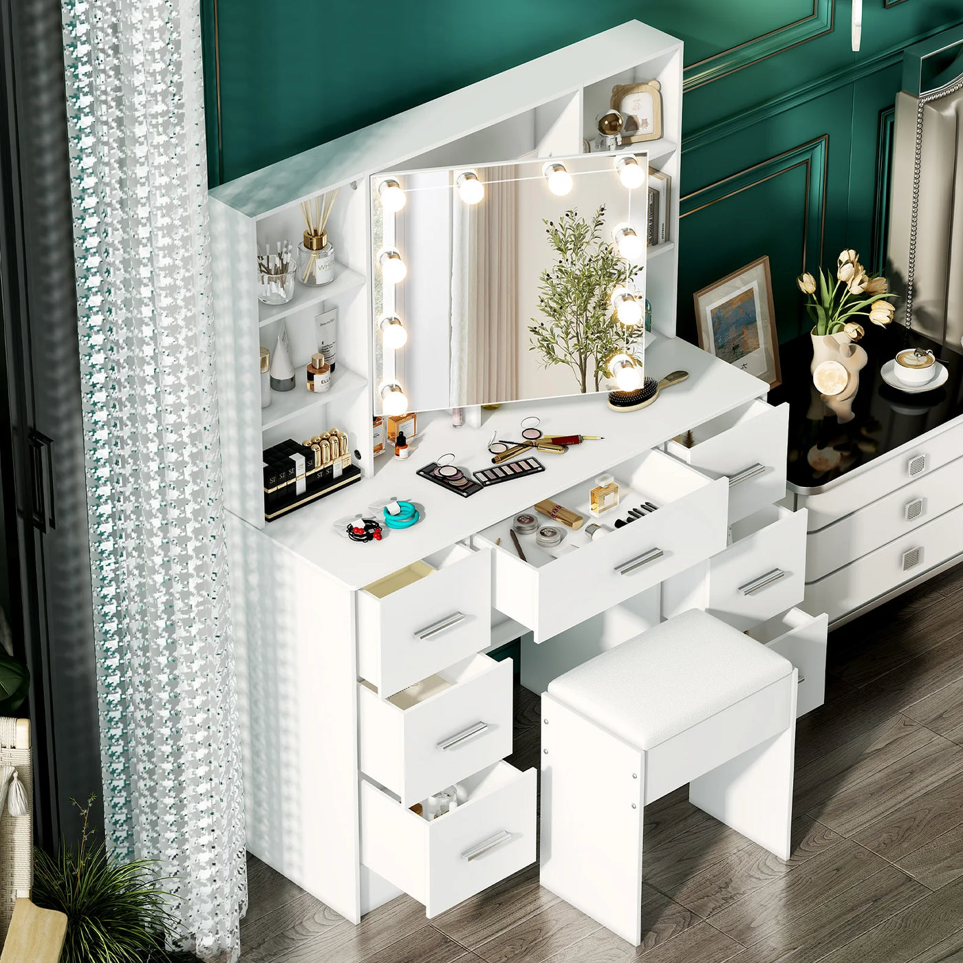 Minimalist Natural Wood Vanity with Light-Up Mirror – 3 Light Modes, Slide-Out Drawers & Shelves