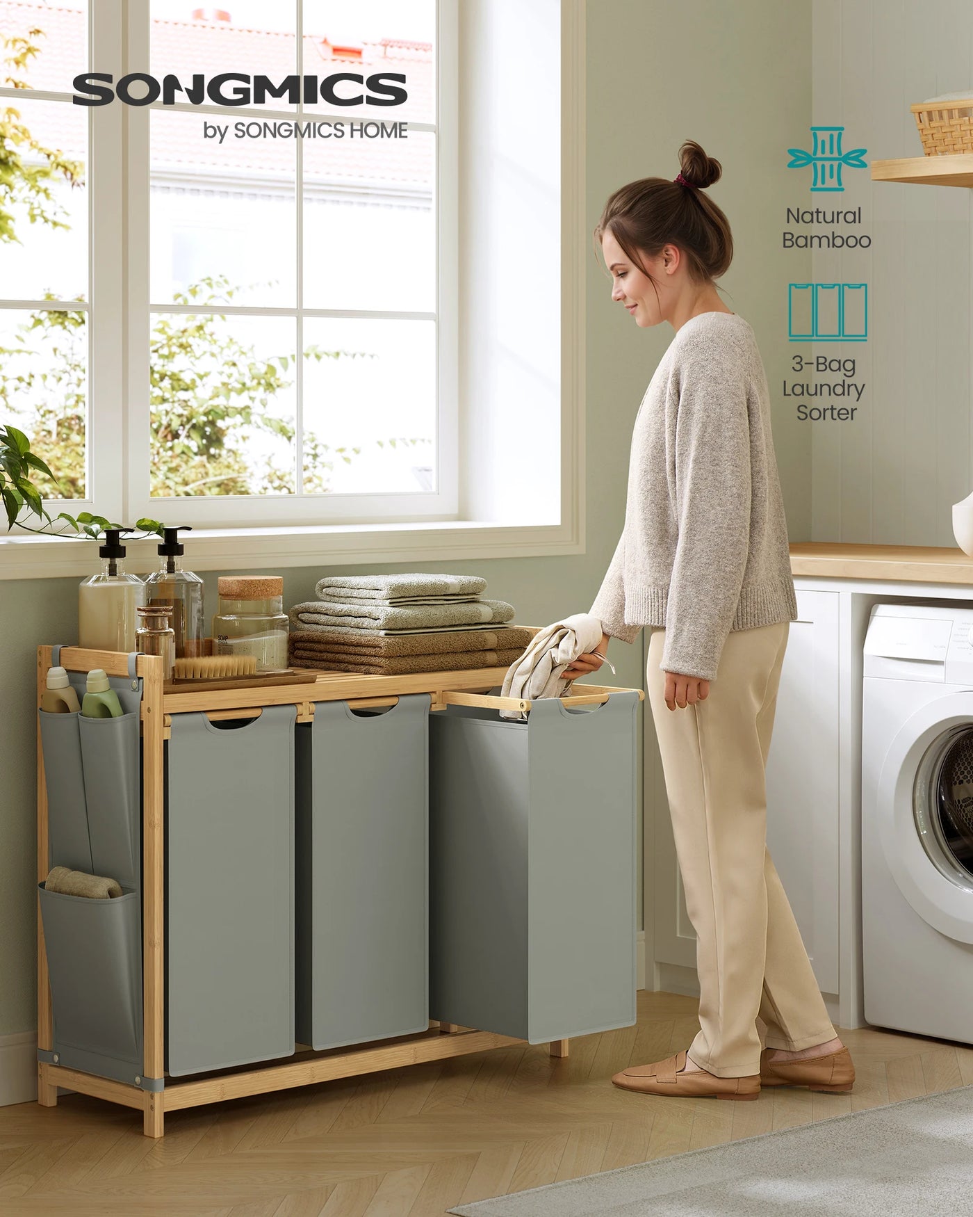 SONGMICS Laundry Basket with 3 Compartments, Laundry Hamper, Holds up to 150 L, Laundry Sorter, with Shelf, Laundry Bag