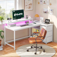 EnHomee  40" L-Shaped Computer Desk with Monitor Stand & 3 Drawers Gaming Desk with Power Outlet and LED Lights for Gaming Home Office