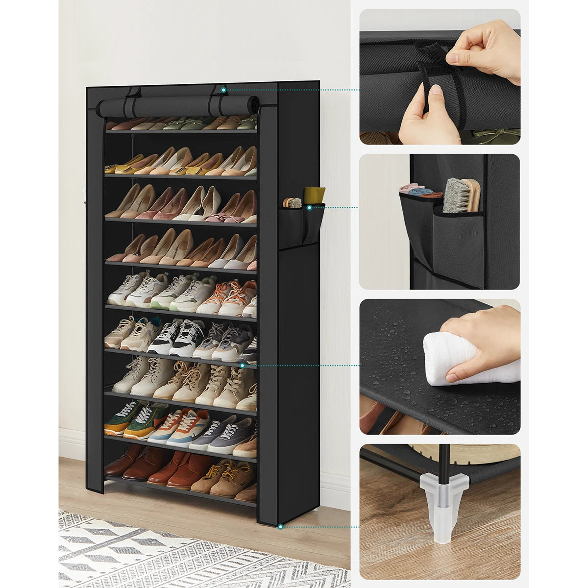 Étagère à Chaussures 40 Paires de chaussures -10 Niveaux - Housse anti Poussière - Porte-chaussures 88x28x160cm Noir