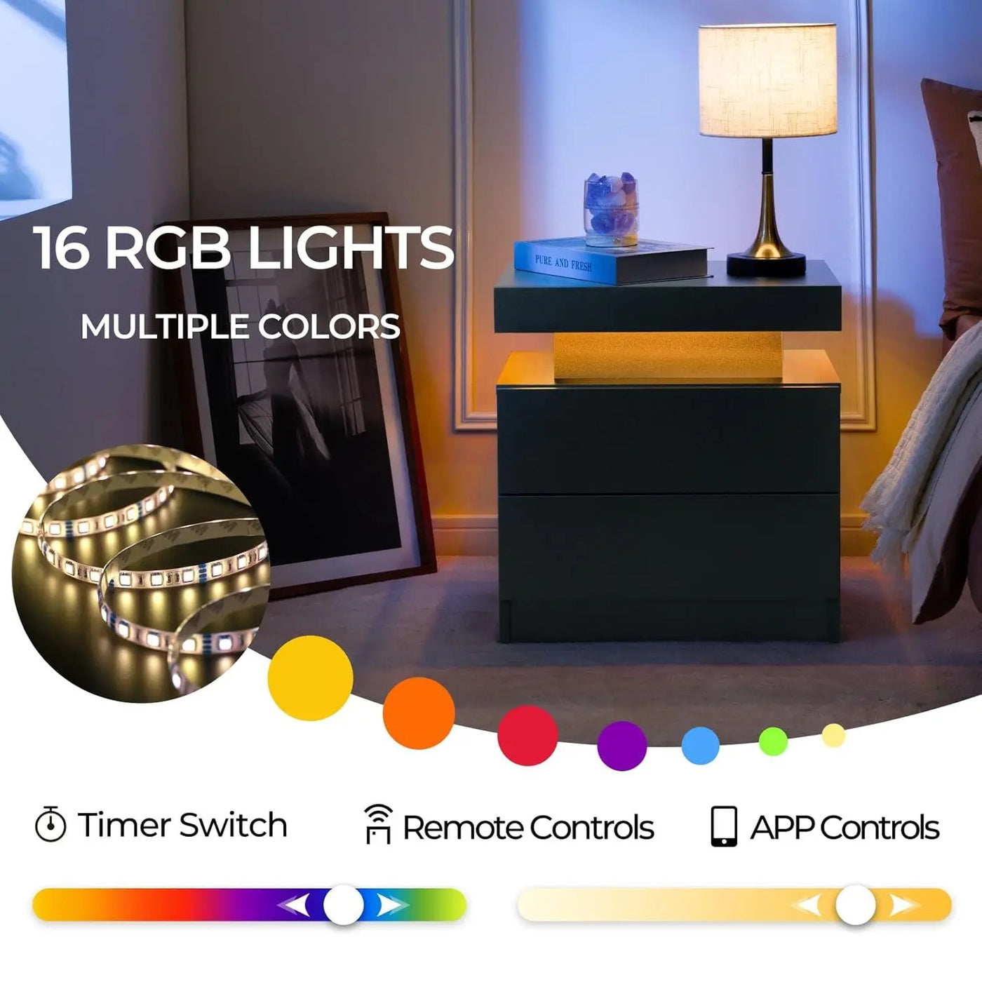 Nightstand Set of 2 LED Nightstand with 2 Drawers, Bedside Table with Drawers for Bedroom, Side Bed Table with LED, Customized