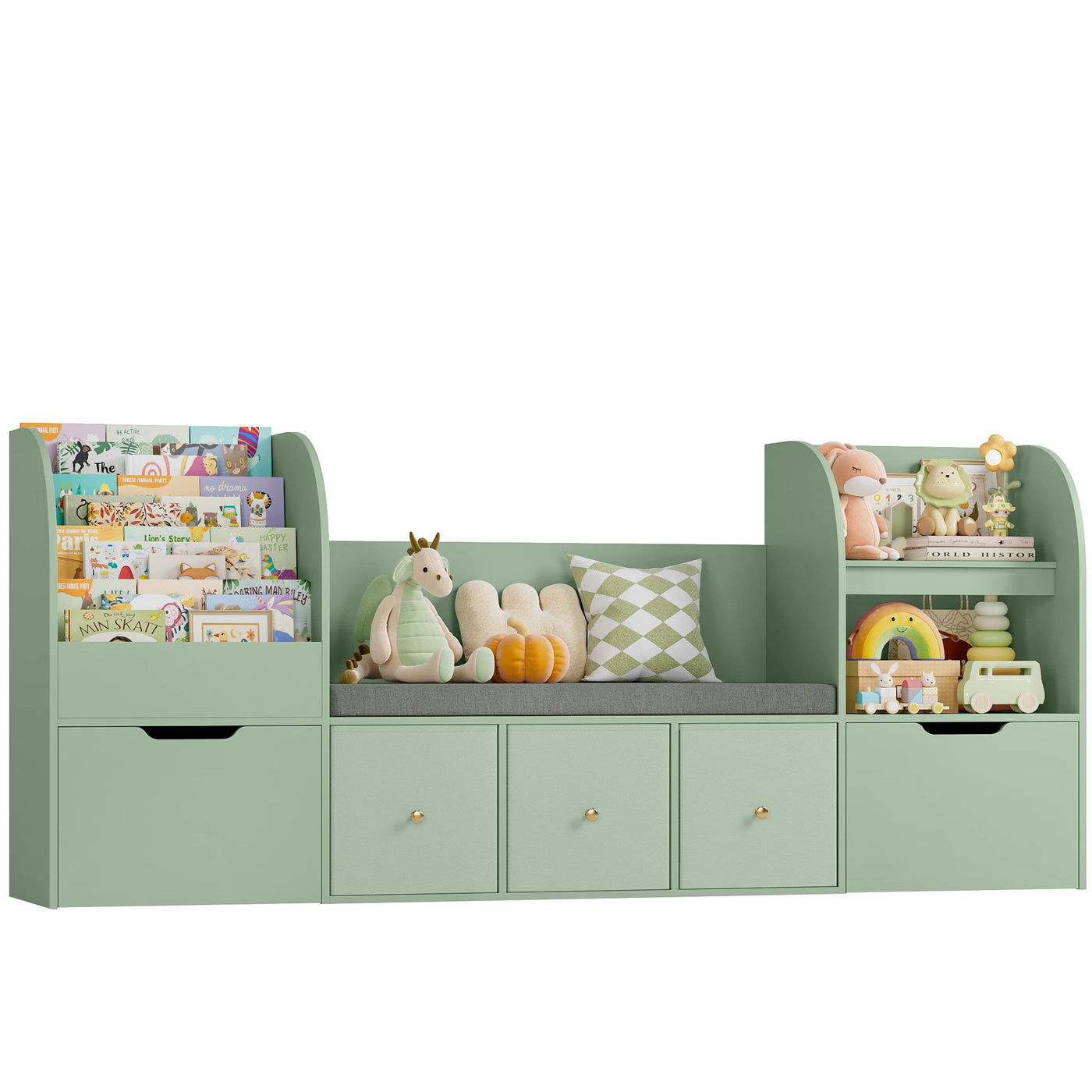 Getone 180.5cm Kids Toy Storage Unit 4-tier Kids Bookshelf with Storage Bench Childrens Bookcase Toy Organiser with 2 Drawers on Wheels, 3 Fabric Drawers for Nursery Playroom Furniture 180.5x35.2x80cm