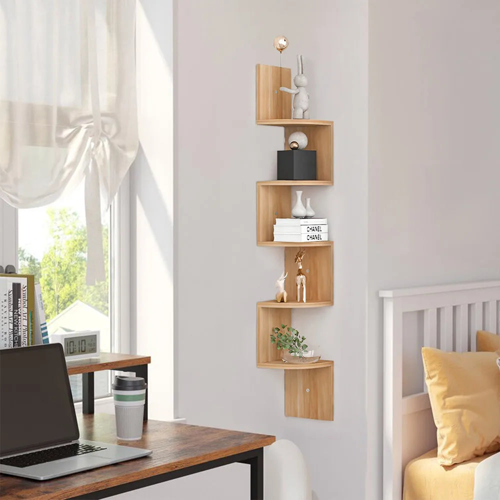 Haodirect 3/5 Layer Wooden Corner Shelf Living Room Bedroom Bookcase Floating Corner Shelf Modern Simple Home Decoration