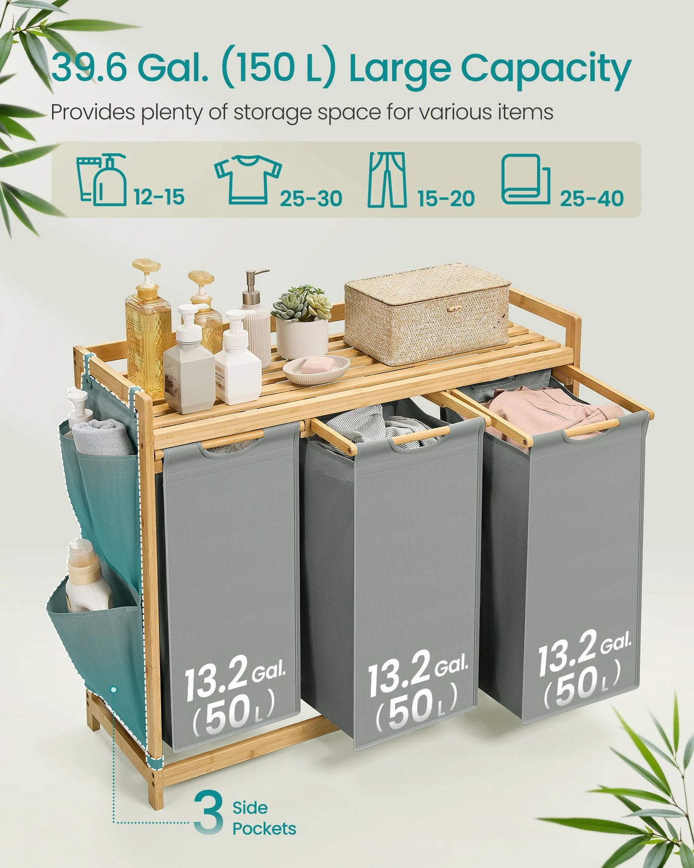 SONGMICS Laundry Basket with 3 Compartments, Laundry Hamper, Holds up to 150 L, Laundry Sorter, with Shelf, Laundry Bag