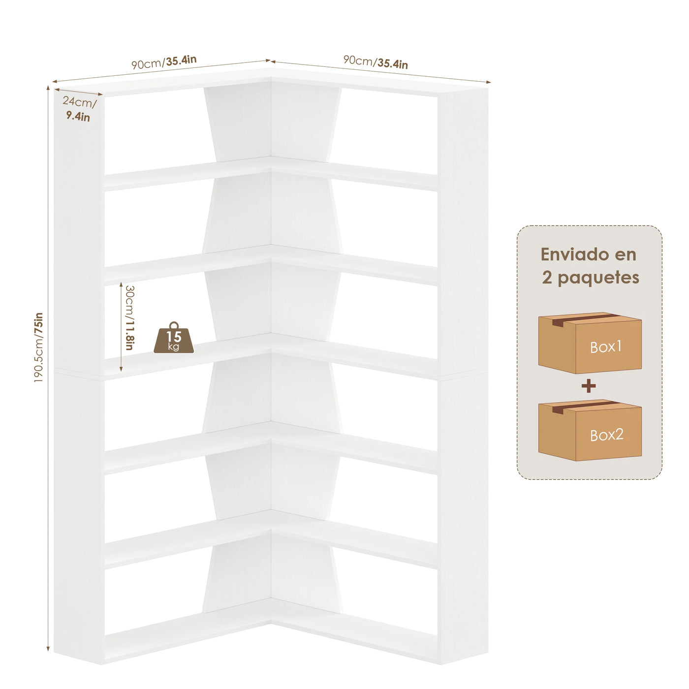 Getone 190cm bookshelf, high corner shelf with 6 levels, books wardrobe corner bookshelf living room, study 90x90x190.5cm