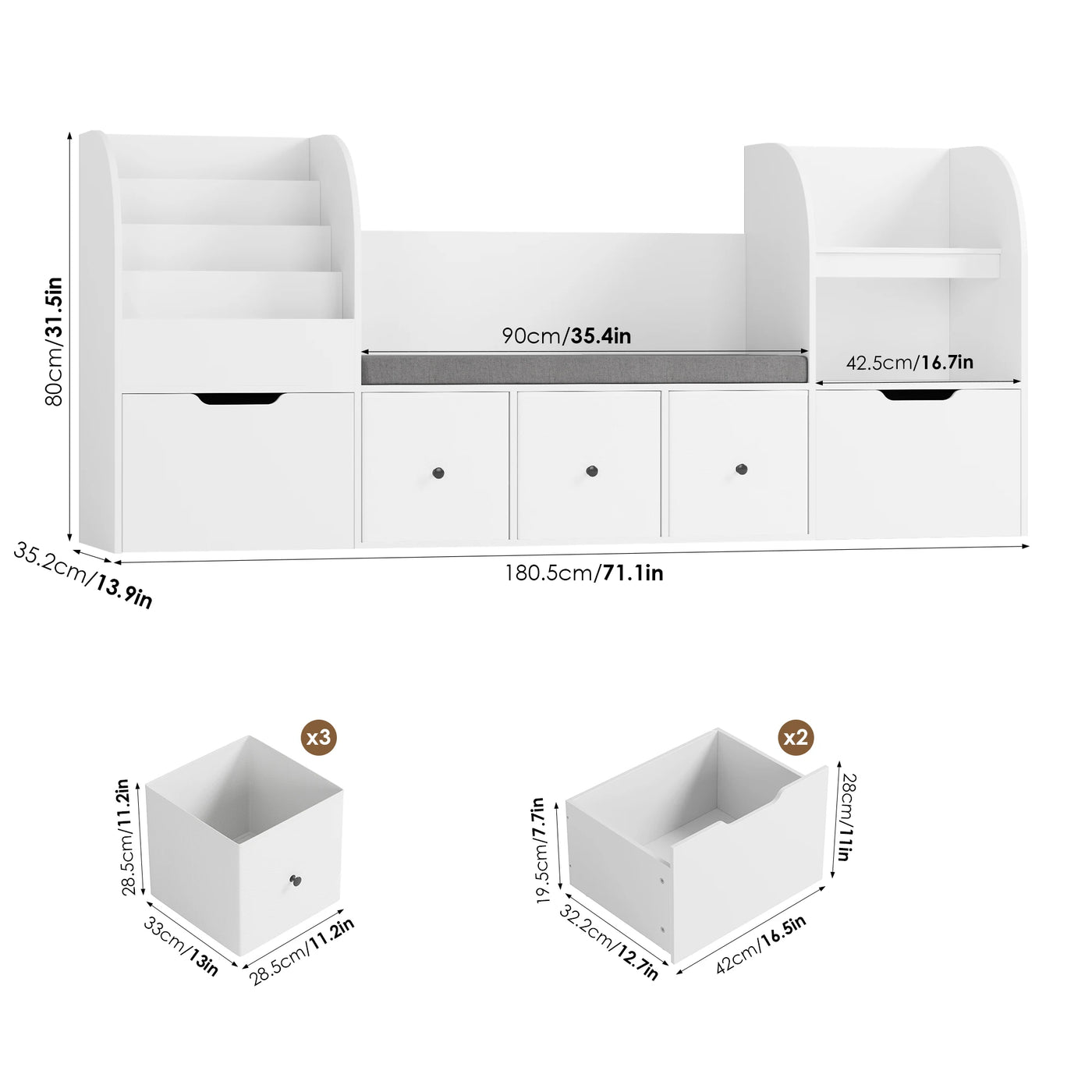 Getone 180.5cm Kids Toy Storage Unit 4-tier Kids Bookshelf with Storage Bench Childrens Bookcase Toy Organiser with 2 Drawers on Wheels, 3 Fabric Drawers for Nursery Playroom Furniture 180.5x35.2x80cm