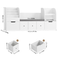 Getone 180.5cm Kids Toy Storage Unit 4-tier Kids Bookshelf with Storage Bench Childrens Bookcase Toy Organiser with 2 Drawers on Wheels, 3 Fabric Drawers for Nursery Playroom Furniture 180.5x35.2x80cm