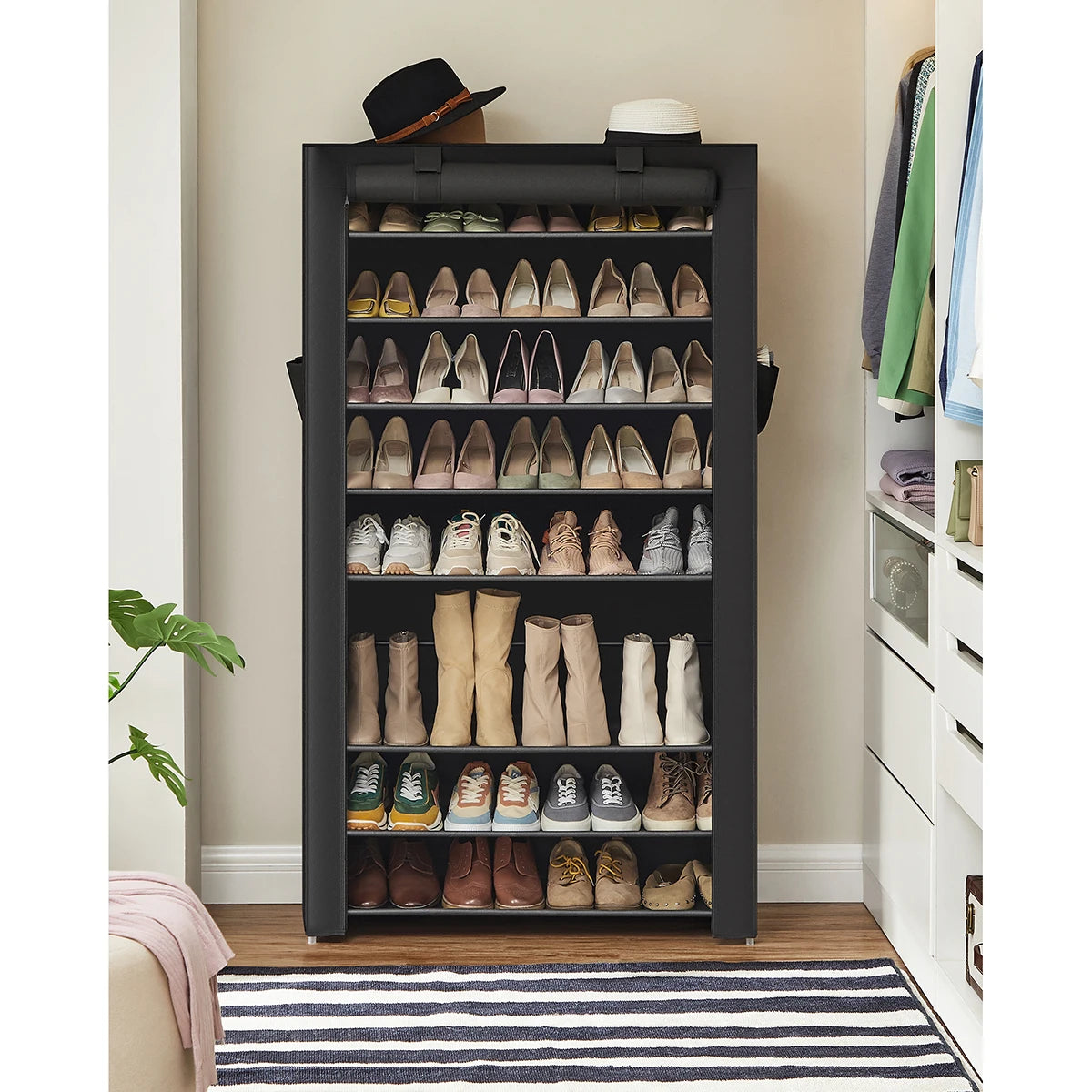Étagère à Chaussures 40 Paires de chaussures -10 Niveaux - Housse anti Poussière - Porte-chaussures 88x28x160cm Noir