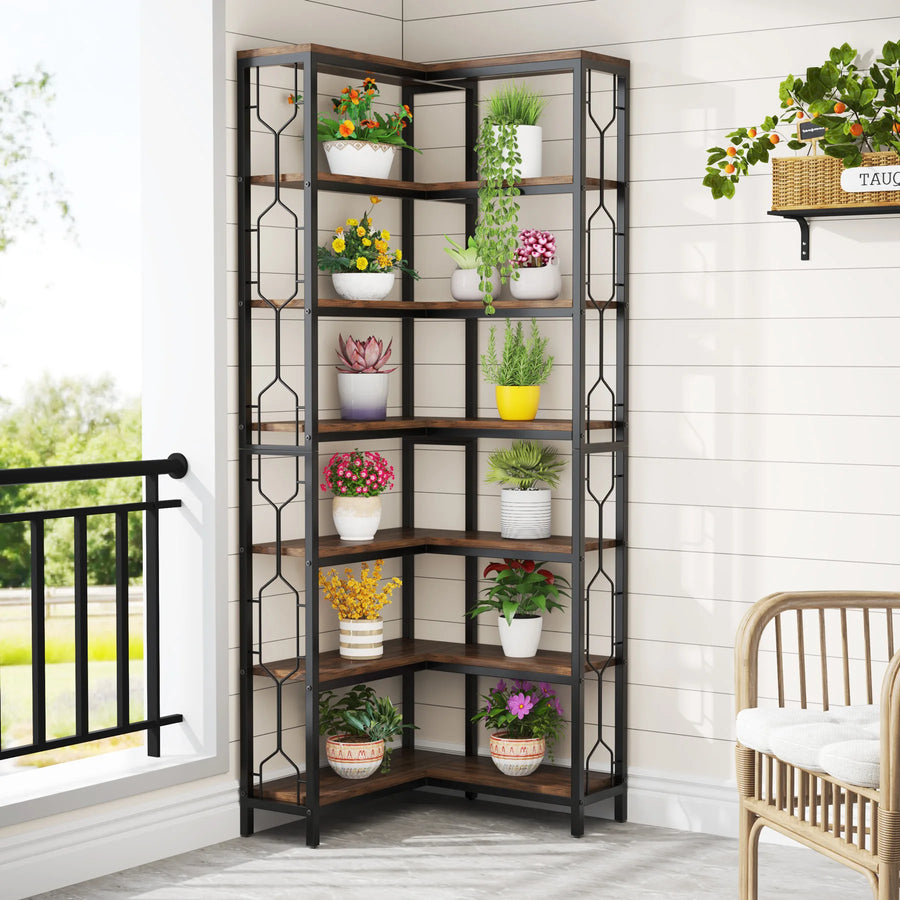 7-Tier Industrial Corner Bookshelf – Wood & Metal Etagere, Freestanding