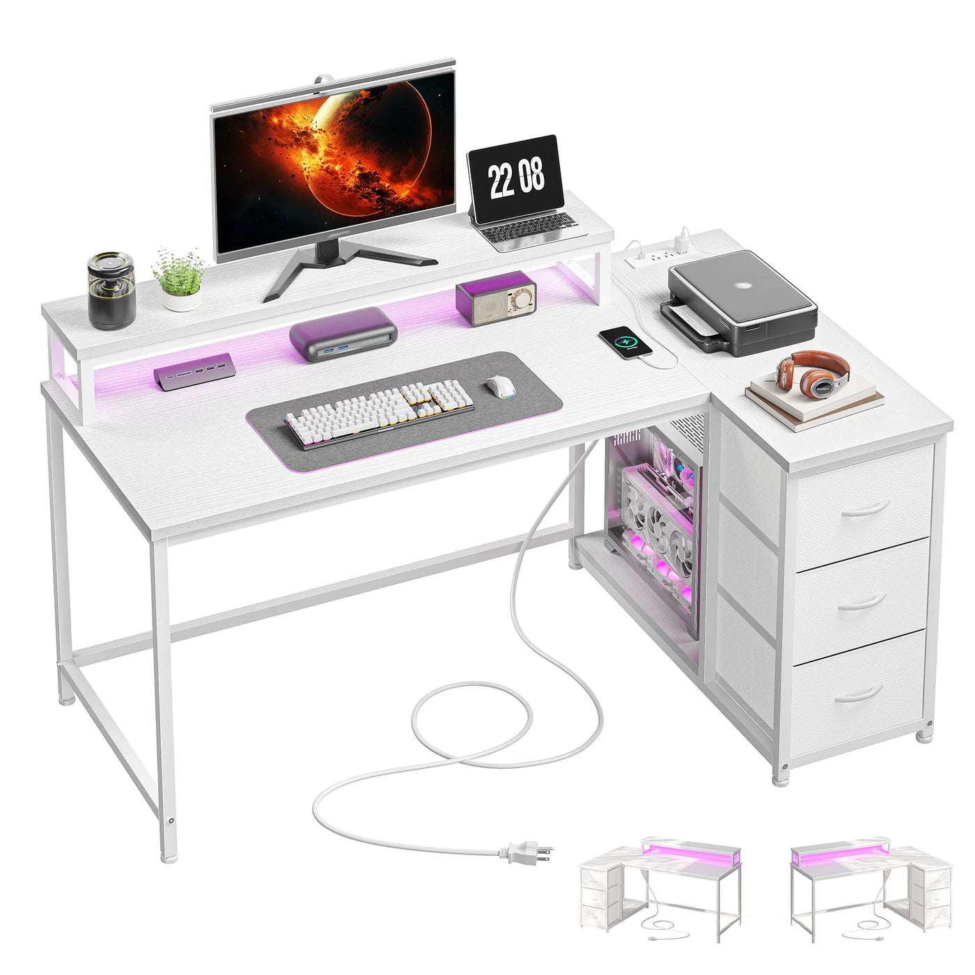 EnHomee  40" L-Shaped Computer Desk with Monitor Stand & 3 Drawers Gaming Desk with Power Outlet and LED Lights for Gaming Home Office