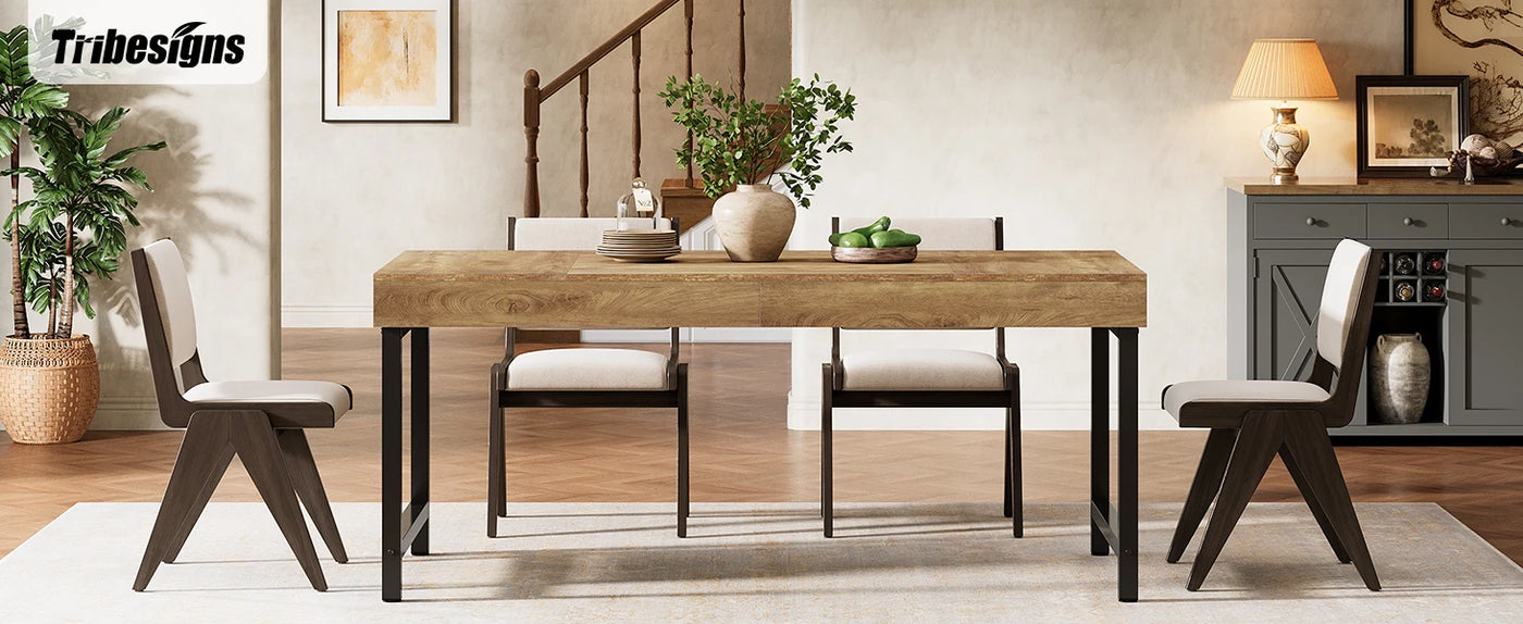 Tribesigns Farmhouse Dining Table for 4-6 People 55 Inches Industrial Rectangular Kitchen Dinner Table with Heavy-Duty Metal Leg