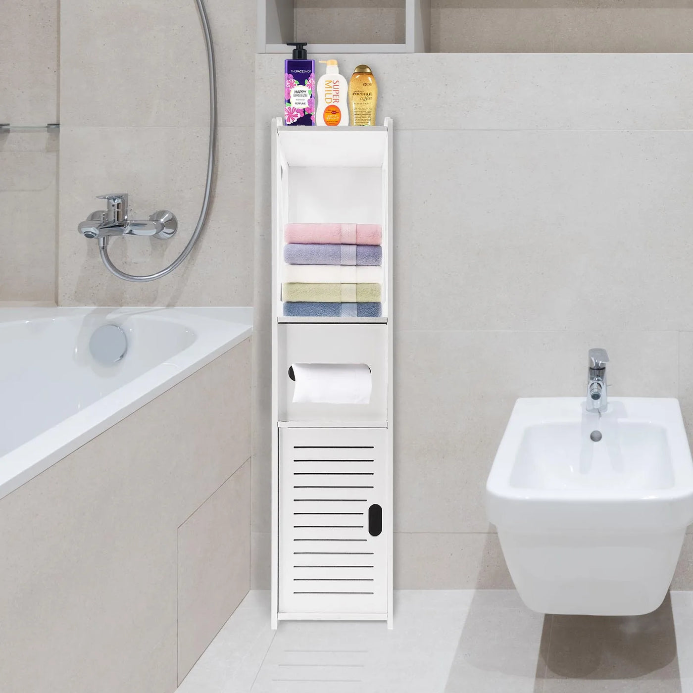 Bathroom Cabinet with Door, 80x20x12cm, Slim and Tall, PVC Material Waterproof, Easy to Install, Easy to Clean,