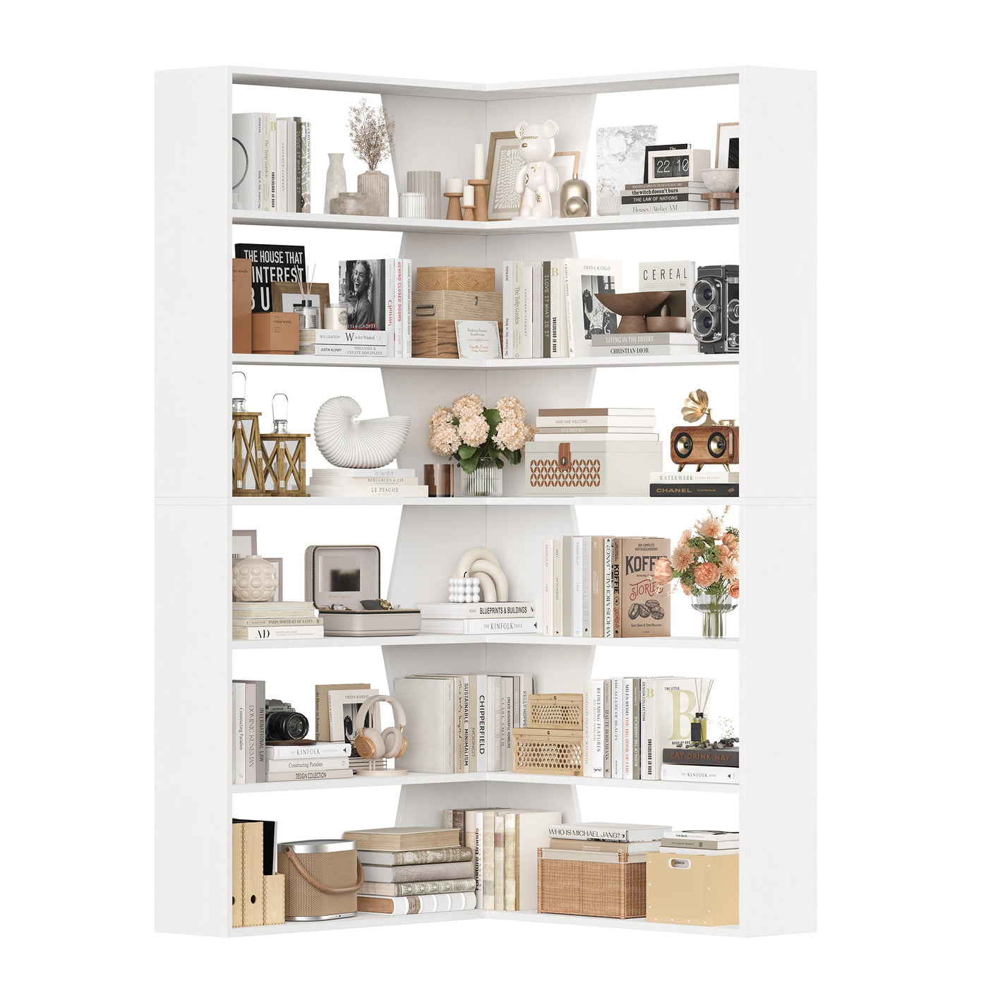 Getone 190cm bookshelf, high corner shelf with 6 levels, books wardrobe corner bookshelf living room, study 90x90x190.5cm