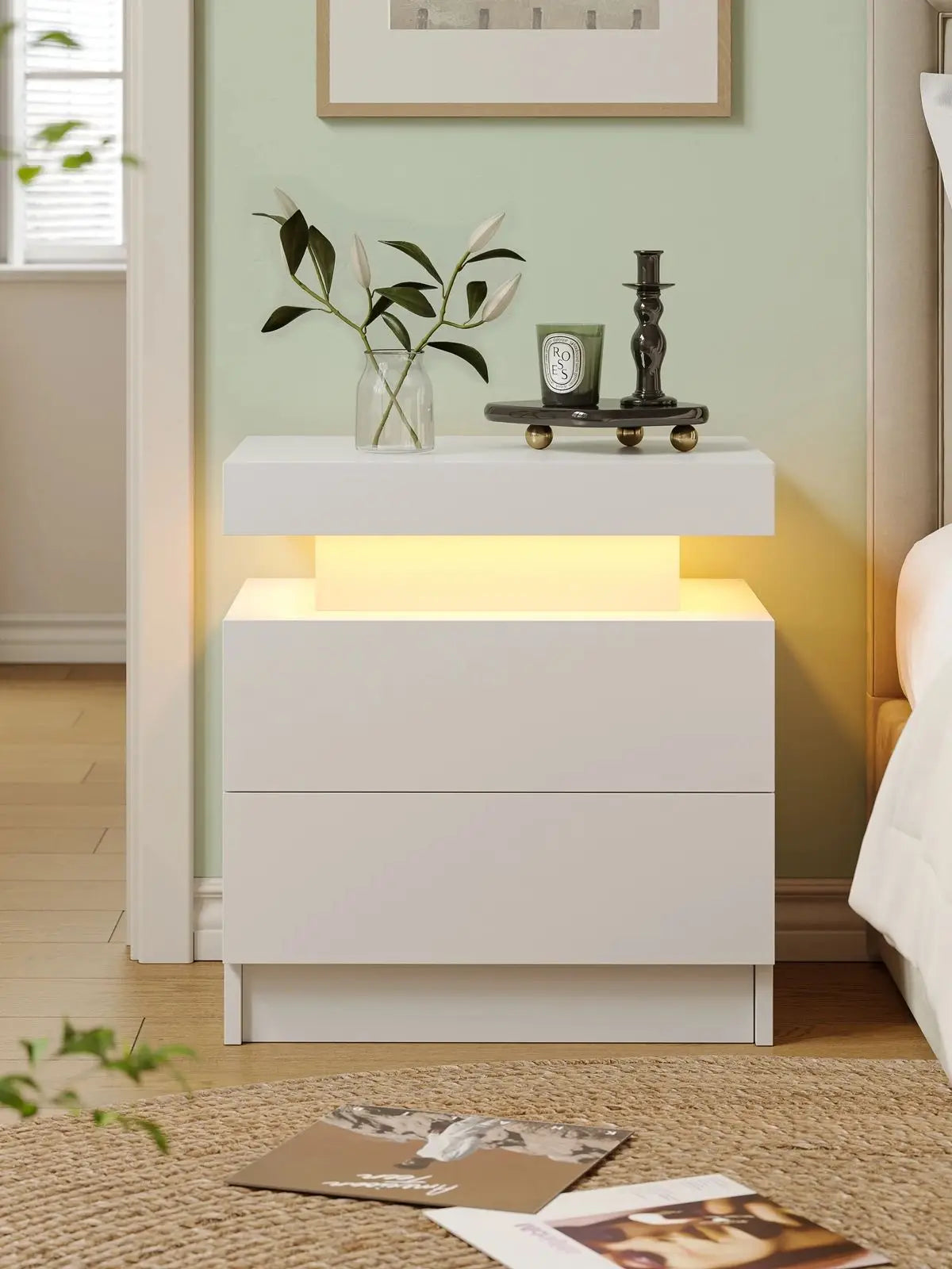 Cubehom LED Bedside Table with 2 Drawers Modern Bedside Table LED Nightstands for Bedroom