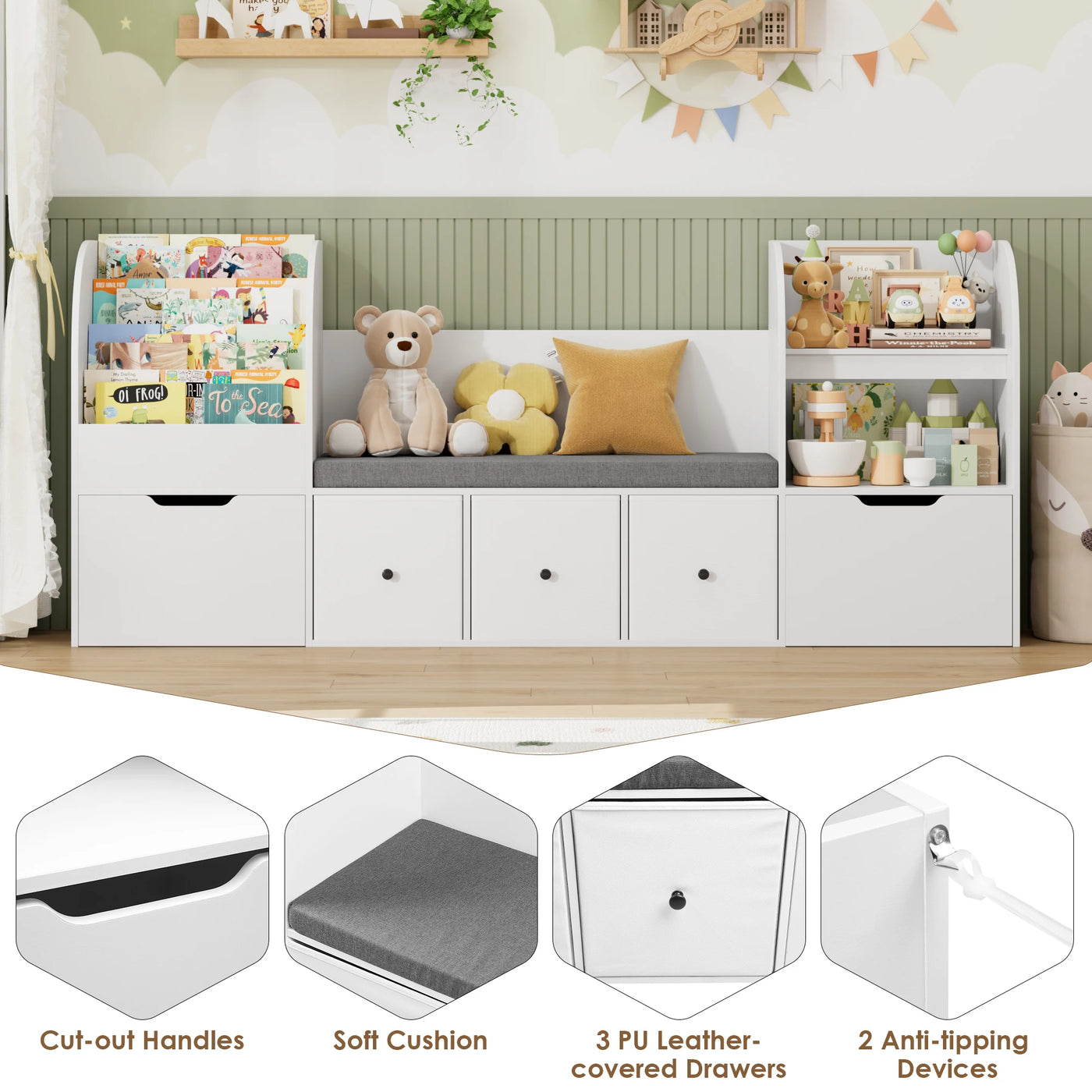 Getone 180.5cm Kids Toy Storage Unit 4-tier Kids Bookshelf with Storage Bench Childrens Bookcase Toy Organiser with 2 Drawers on Wheels, 3 Fabric Drawers for Nursery Playroom Furniture 180.5x35.2x80cm