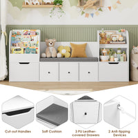 Getone 180.5cm Kids Toy Storage Unit 4-tier Kids Bookshelf with Storage Bench Childrens Bookcase Toy Organiser with 2 Drawers on Wheels, 3 Fabric Drawers for Nursery Playroom Furniture 180.5x35.2x80cm