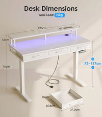 OffiGo Electric Standing Desk, 120 X 54cm Height Adjustable Desk with 3 Drawers, RGB LED Strip, White