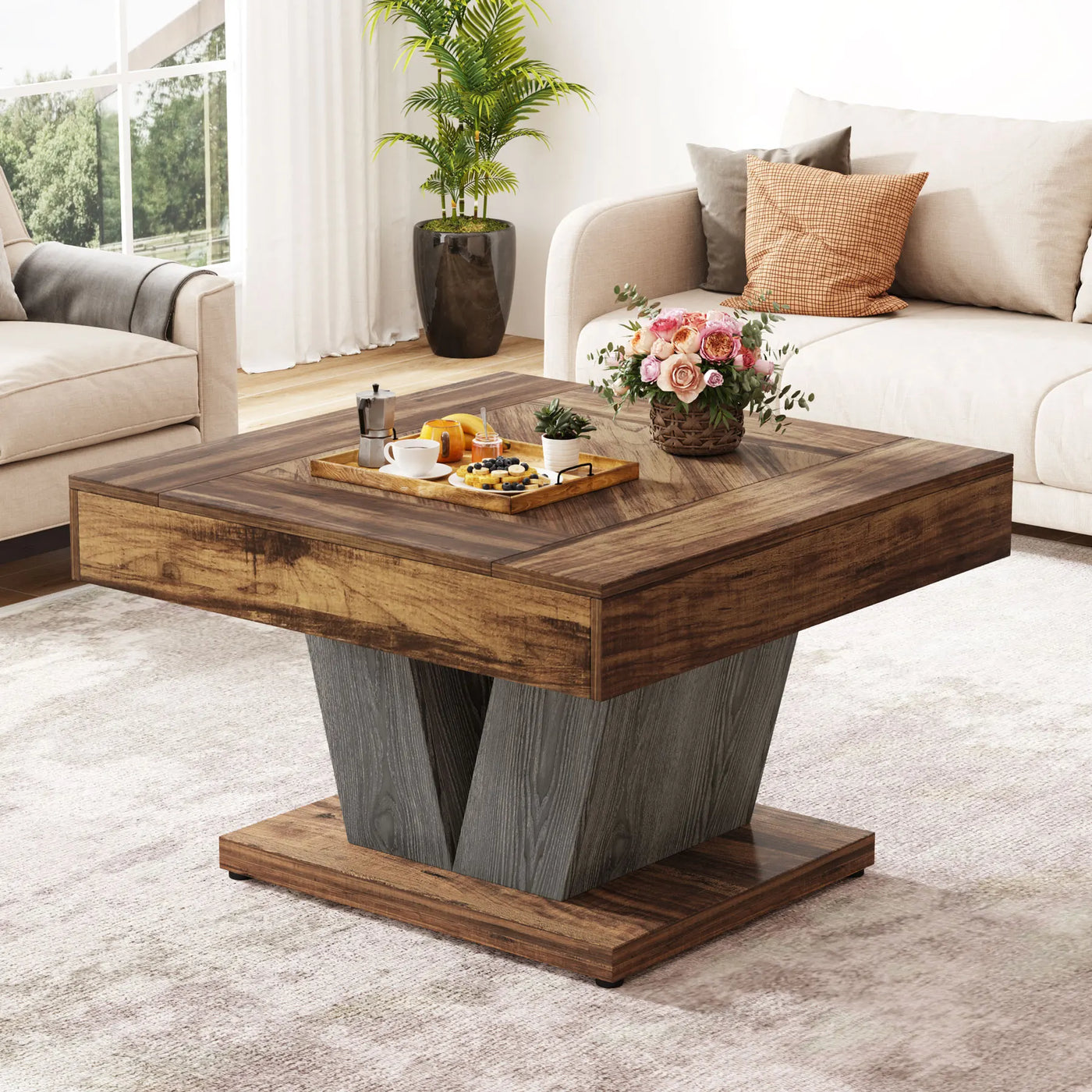 Tribesigns 80cm Square Coffee Table in Rustic Brown & Black - Modern Wooden Centre Table for Living Room