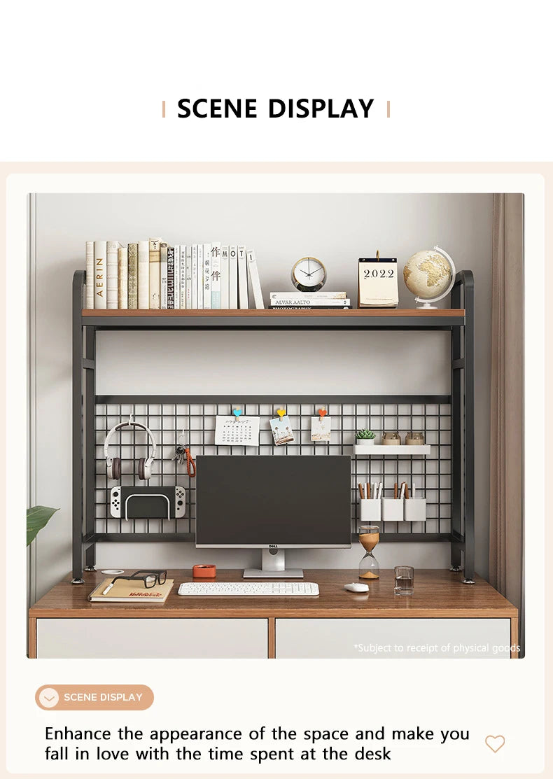 Bookcase With Grid Bookshelf Desktop Multi-layer Wrought Iron Shelf Student Computer Desk Table Hole Board Table Wooden Shelves