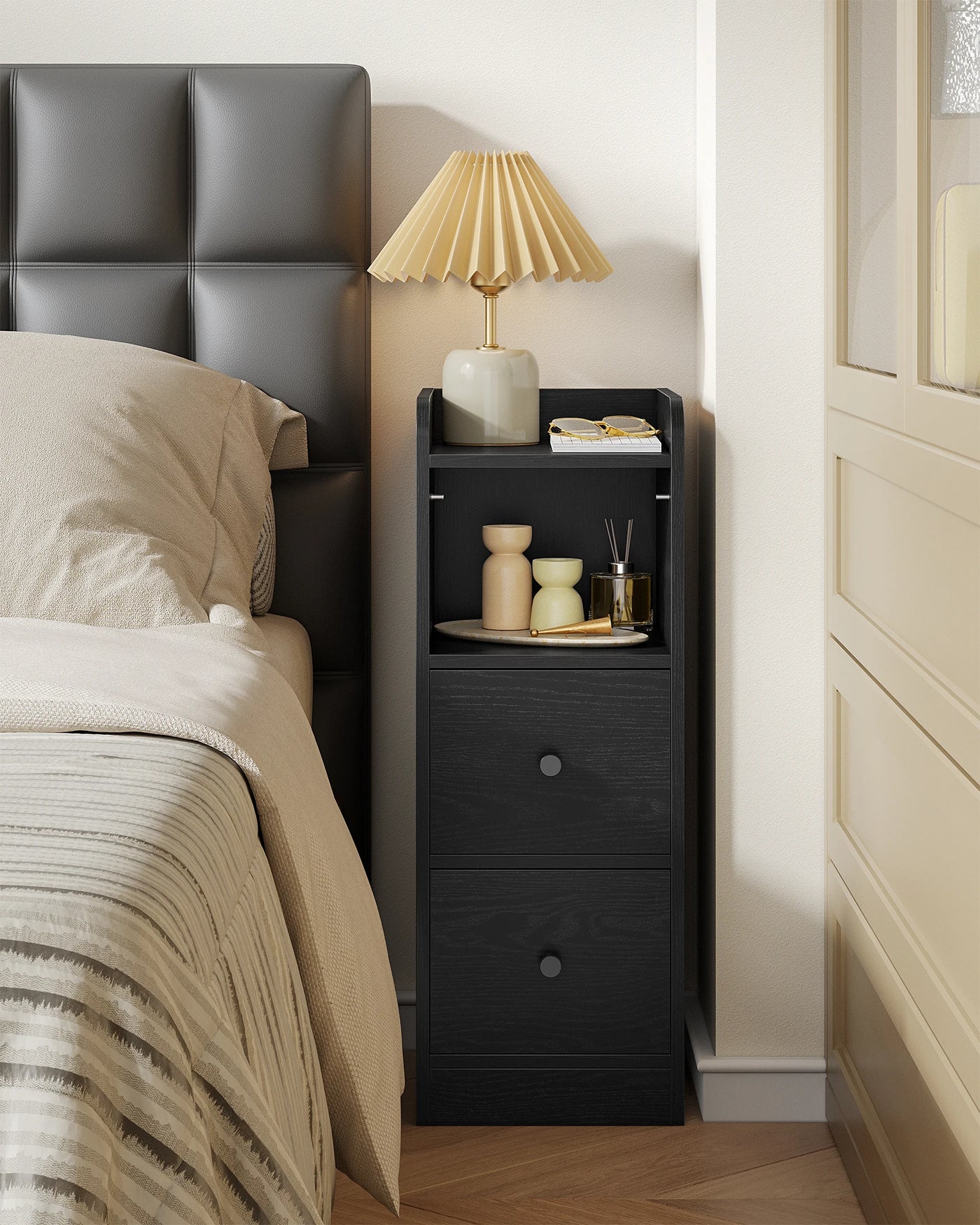Slim Bedside Table, Narrow Side Table with 2 Drawers, Bedside Cabinet with Open Compartment, Adjustable Drawer Position