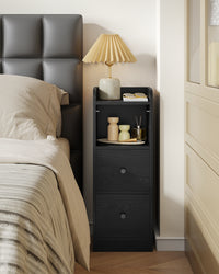Slim Bedside Table, Narrow Side Table with 2 Drawers, Bedside Cabinet with Open Compartment, Adjustable Drawer Position