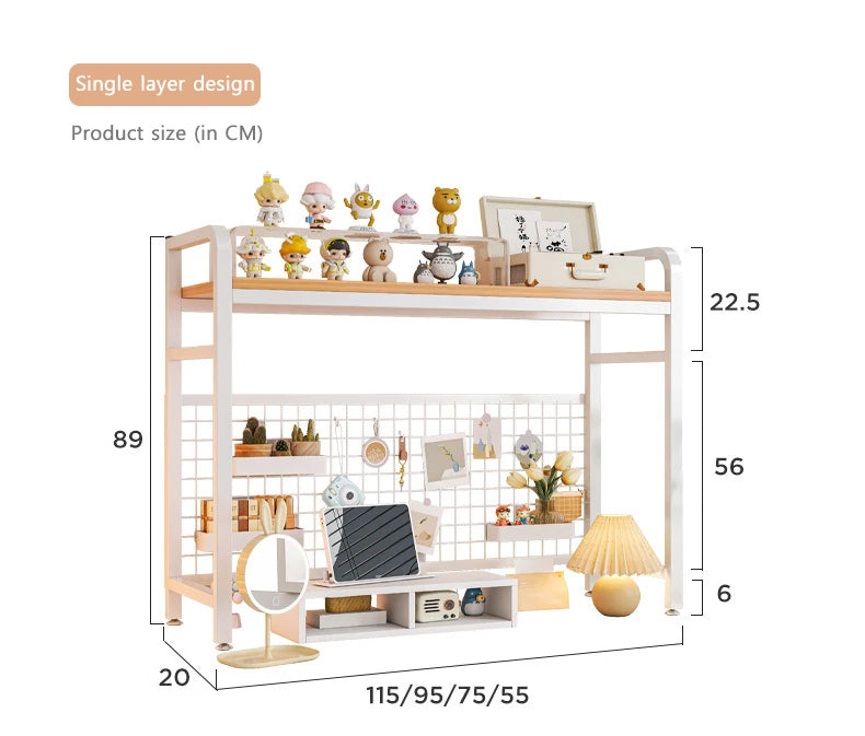 Bookcase With Grid Bookshelf Desktop Multi-layer Wrought Iron Shelf Student Computer Desk Table Hole Board Table Wooden Shelves