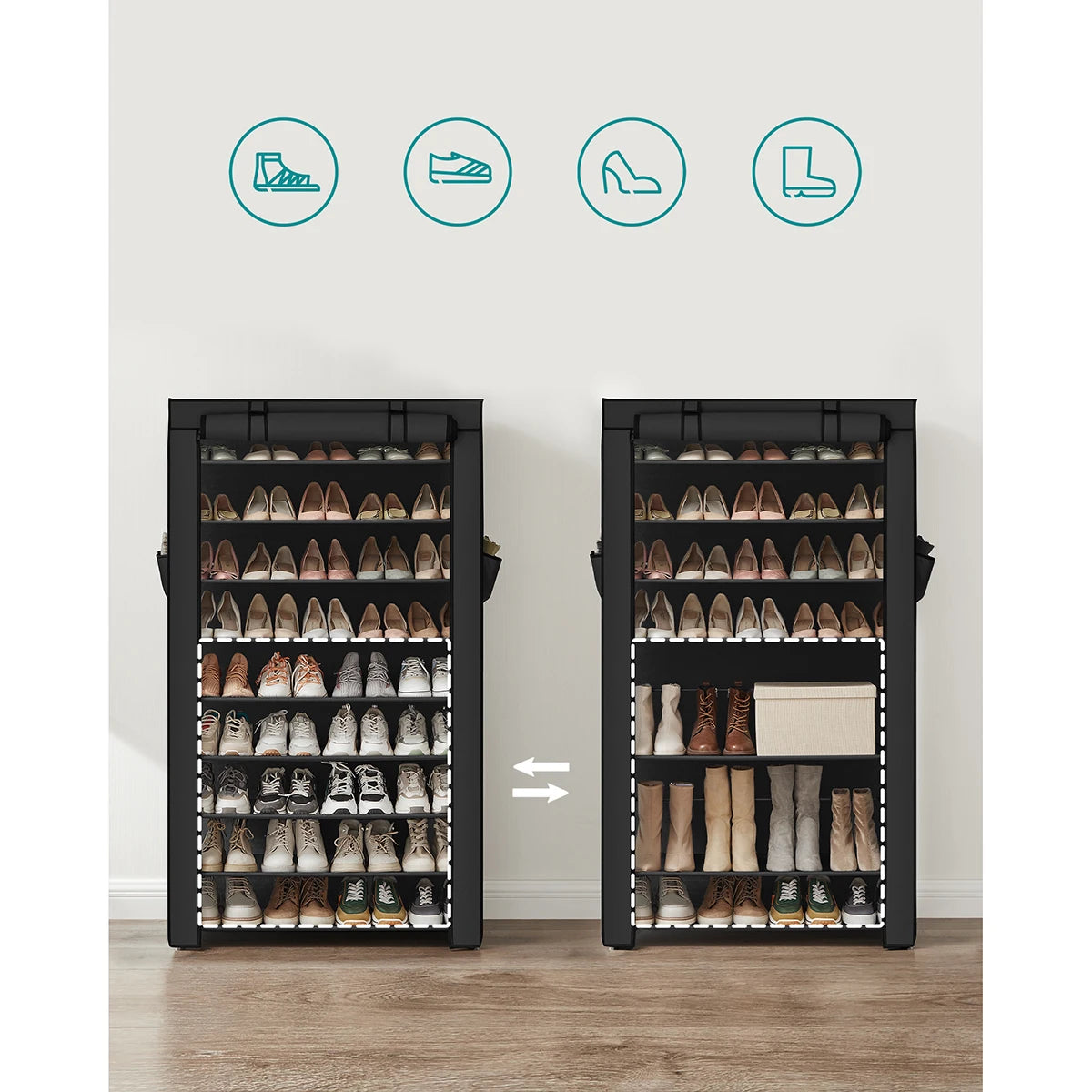 Étagère à Chaussures 40 Paires de chaussures -10 Niveaux - Housse anti Poussière - Porte-chaussures 88x28x160cm Noir