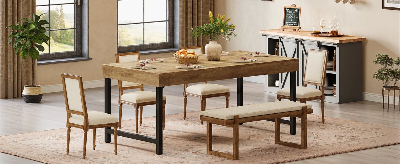 Tribesigns Farmhouse Dining Table for 4-6 People 55 Inches Industrial Rectangular Kitchen Dinner Table with Heavy-Duty Metal Leg