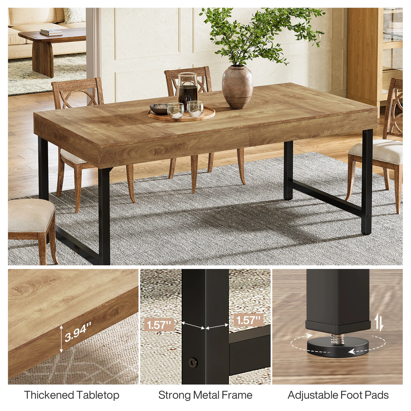 Tribesigns Farmhouse Dining Table for 4-6 People 55 Inches Industrial Rectangular Kitchen Dinner Table with Heavy-Duty Metal Leg