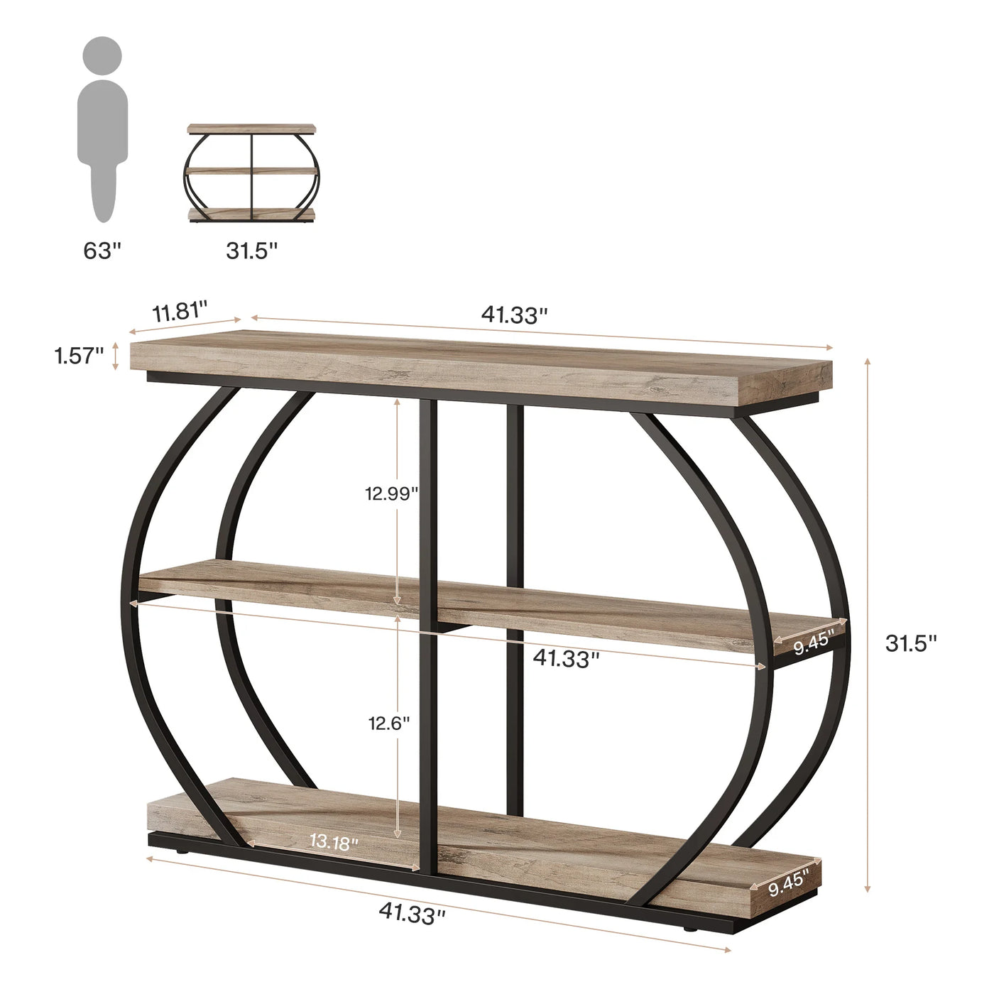 Tribesigns 41.3" Console Table, Industrial 3-Tier Entryway Table with Arched Metal Frame and Storage Shelves for Living Room