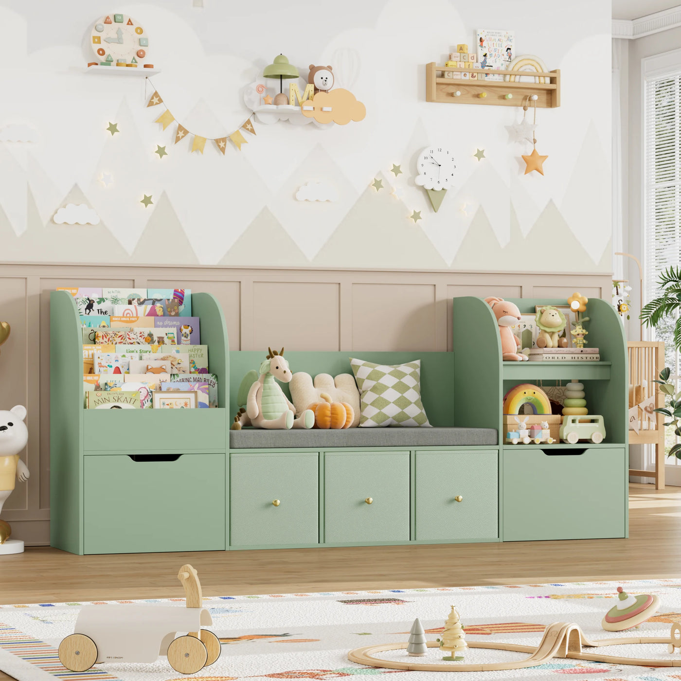 Getone 180.5cm Kids Toy Storage Unit 4-tier Kids Bookshelf with Storage Bench Childrens Bookcase Toy Organiser with 2 Drawers on Wheels, 3 Fabric Drawers for Nursery Playroom Furniture 180.5x35.2x80cm