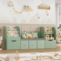 Getone 180.5cm Kids Toy Storage Unit 4-tier Kids Bookshelf with Storage Bench Childrens Bookcase Toy Organiser with 2 Drawers on Wheels, 3 Fabric Drawers for Nursery Playroom Furniture 180.5x35.2x80cm