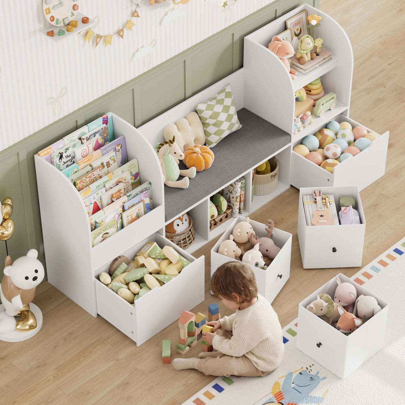 Getone 180.5cm Kids Toy Storage Unit 4-tier Kids Bookshelf with Storage Bench Childrens Bookcase Toy Organiser with 2 Drawers on Wheels, 3 Fabric Drawers for Nursery Playroom Furniture 180.5x35.2x80cm