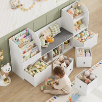 Getone 180.5cm Kids Toy Storage Unit 4-tier Kids Bookshelf with Storage Bench Childrens Bookcase Toy Organiser with 2 Drawers on Wheels, 3 Fabric Drawers for Nursery Playroom Furniture 180.5x35.2x80cm