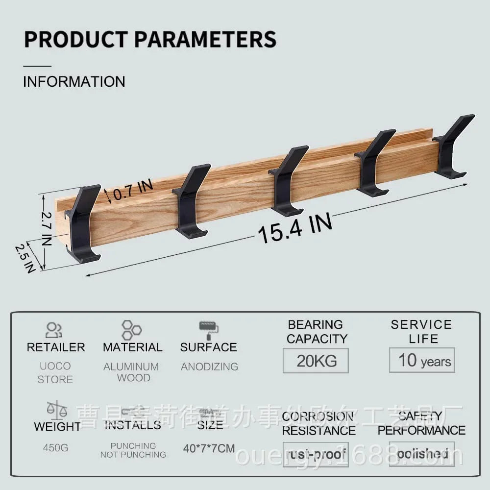 Nordic Wall Mounted Coat Rack with Movable 5 Hooks Aluminum Clothing Rail for Hat Towel Robes Wooden Hanger Perchero Furniture