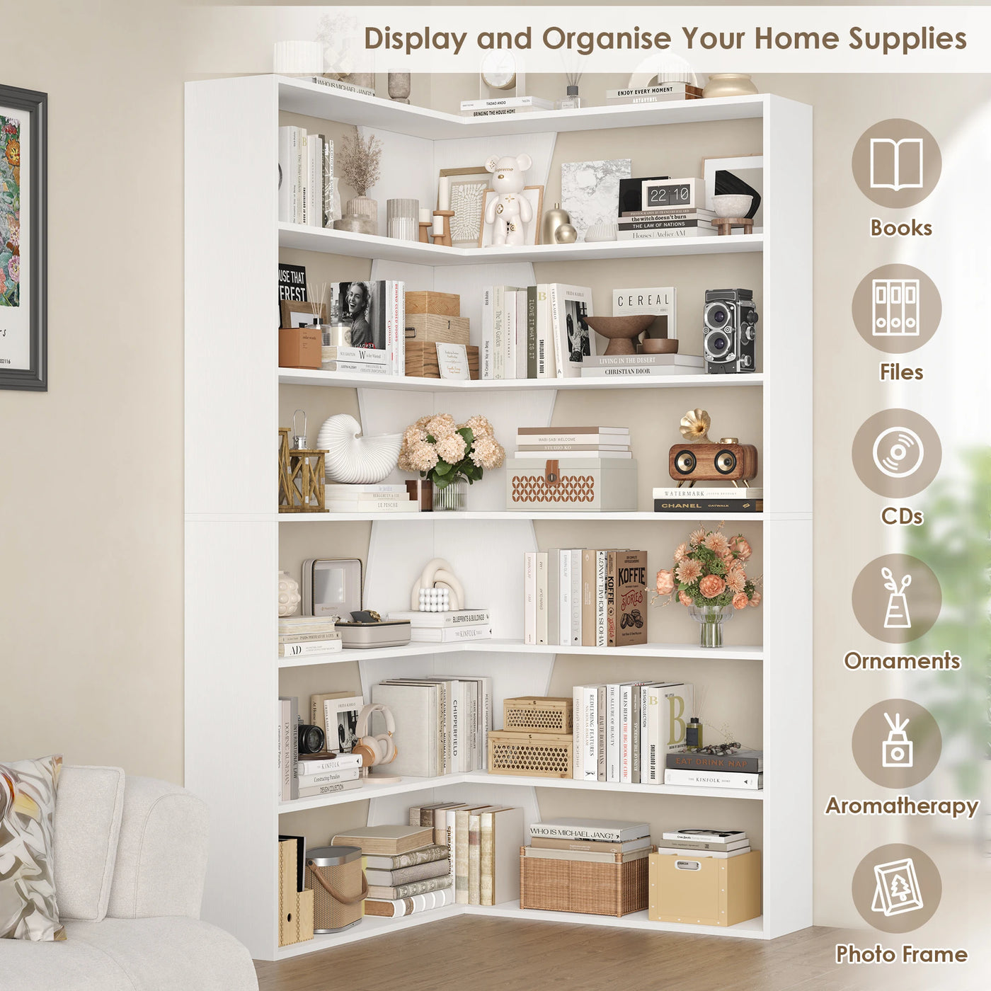 Getone 190cm bookshelf, high corner shelf with 6 levels, books wardrobe corner bookshelf living room, study 90x90x190.5cm