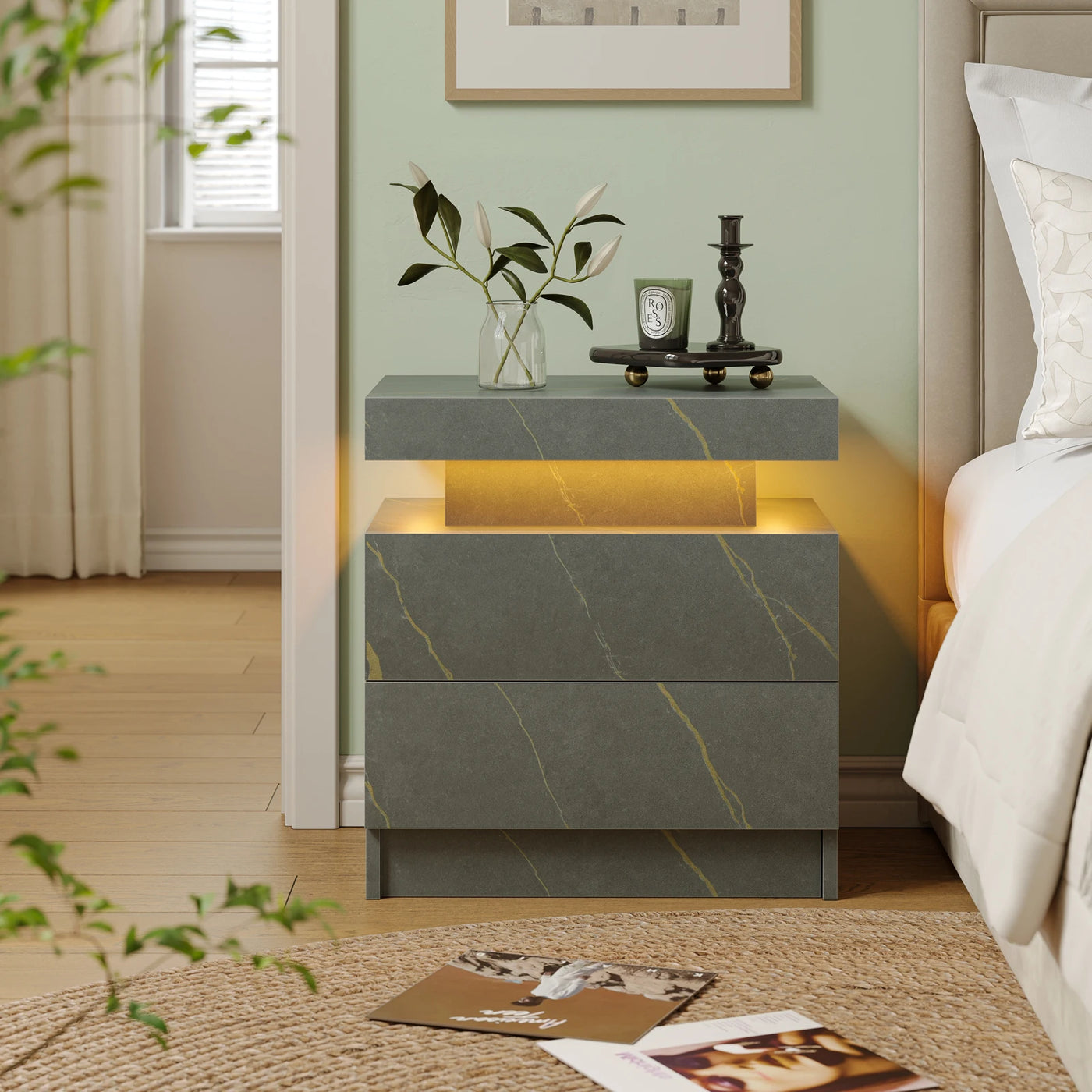 Cubehom LED Bedside Table with 2 Drawers Modern Bedside Table LED Nightstands for Bedroom