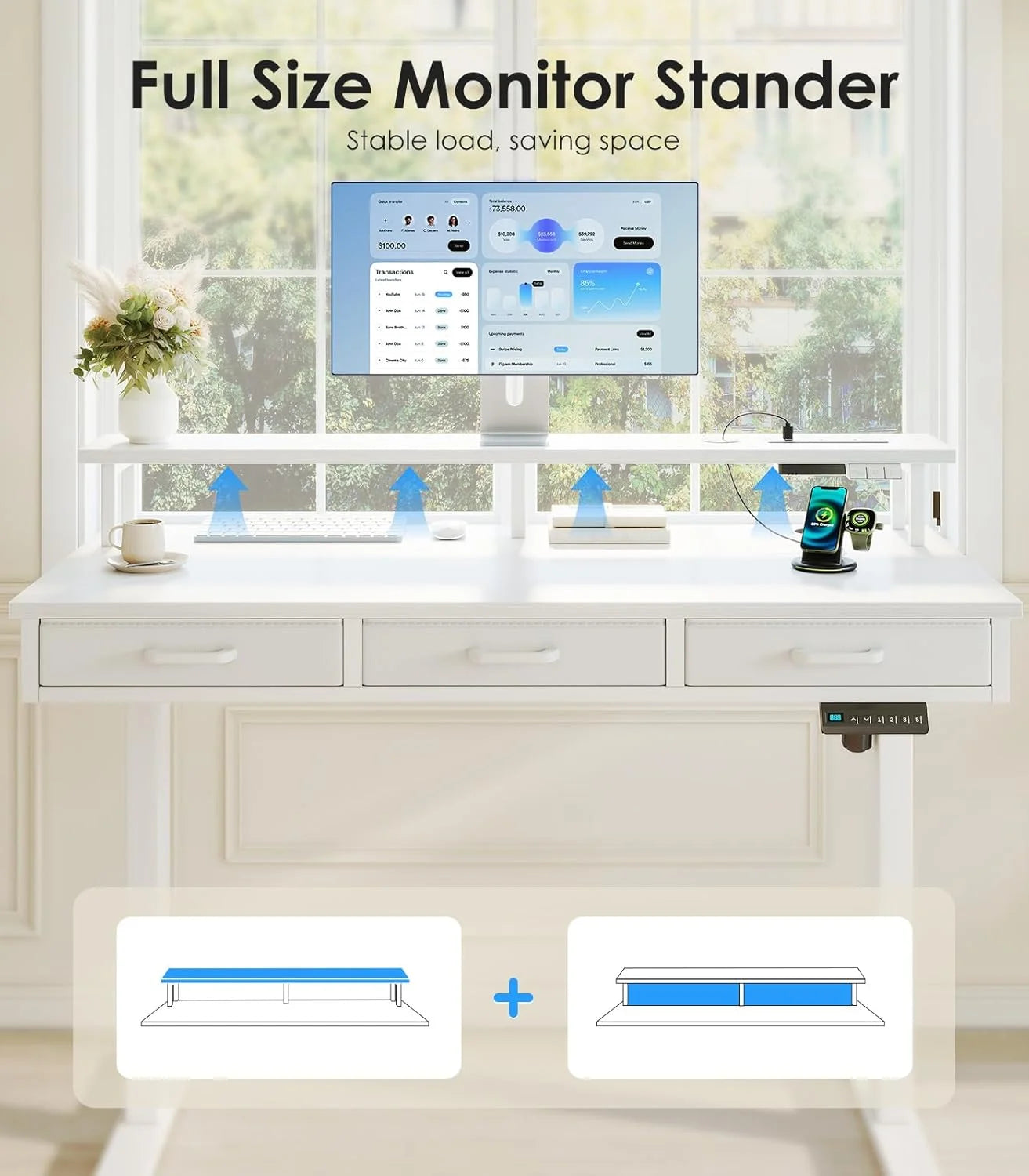 OffiGo Electric Standing Desk, 120 X 54cm Height Adjustable Desk with 3 Drawers, RGB LED Strip, White