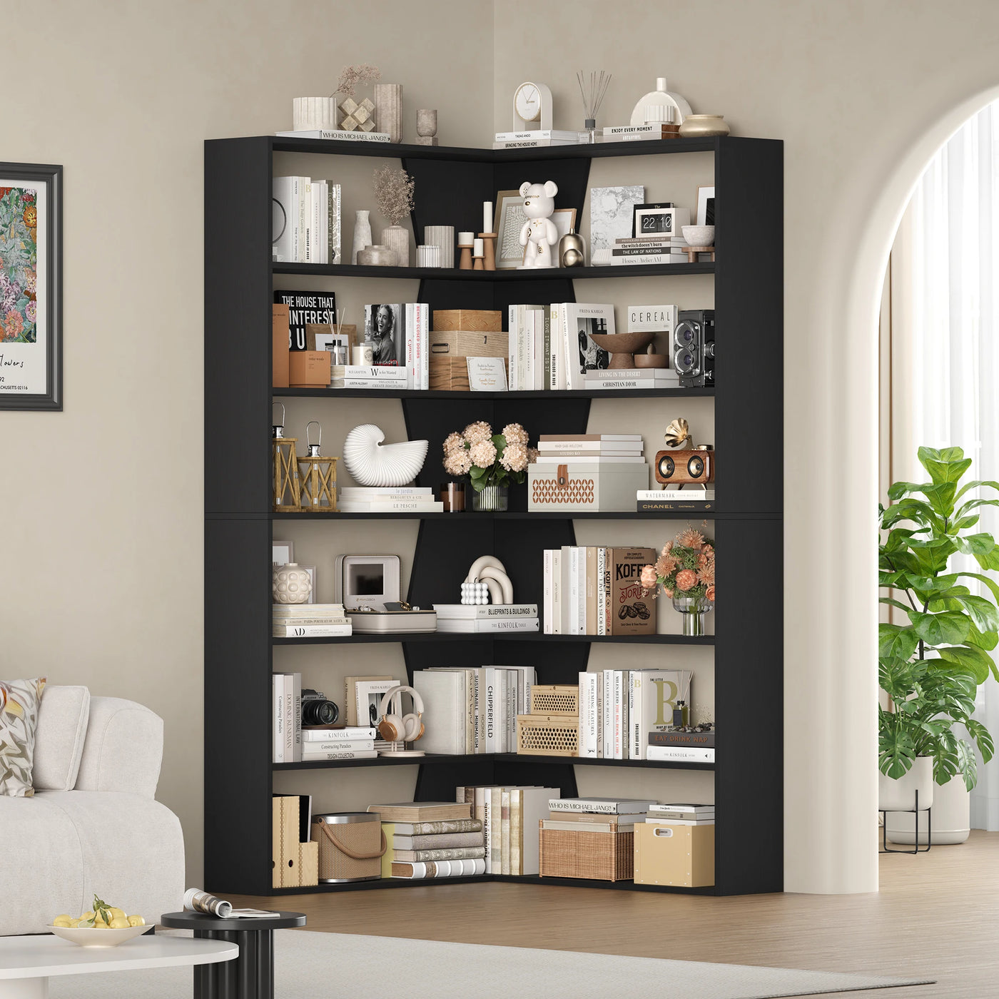 Getone 190cm bookshelf, high corner shelf with 6 levels, books wardrobe corner bookshelf living room, study 90x90x190.5cm