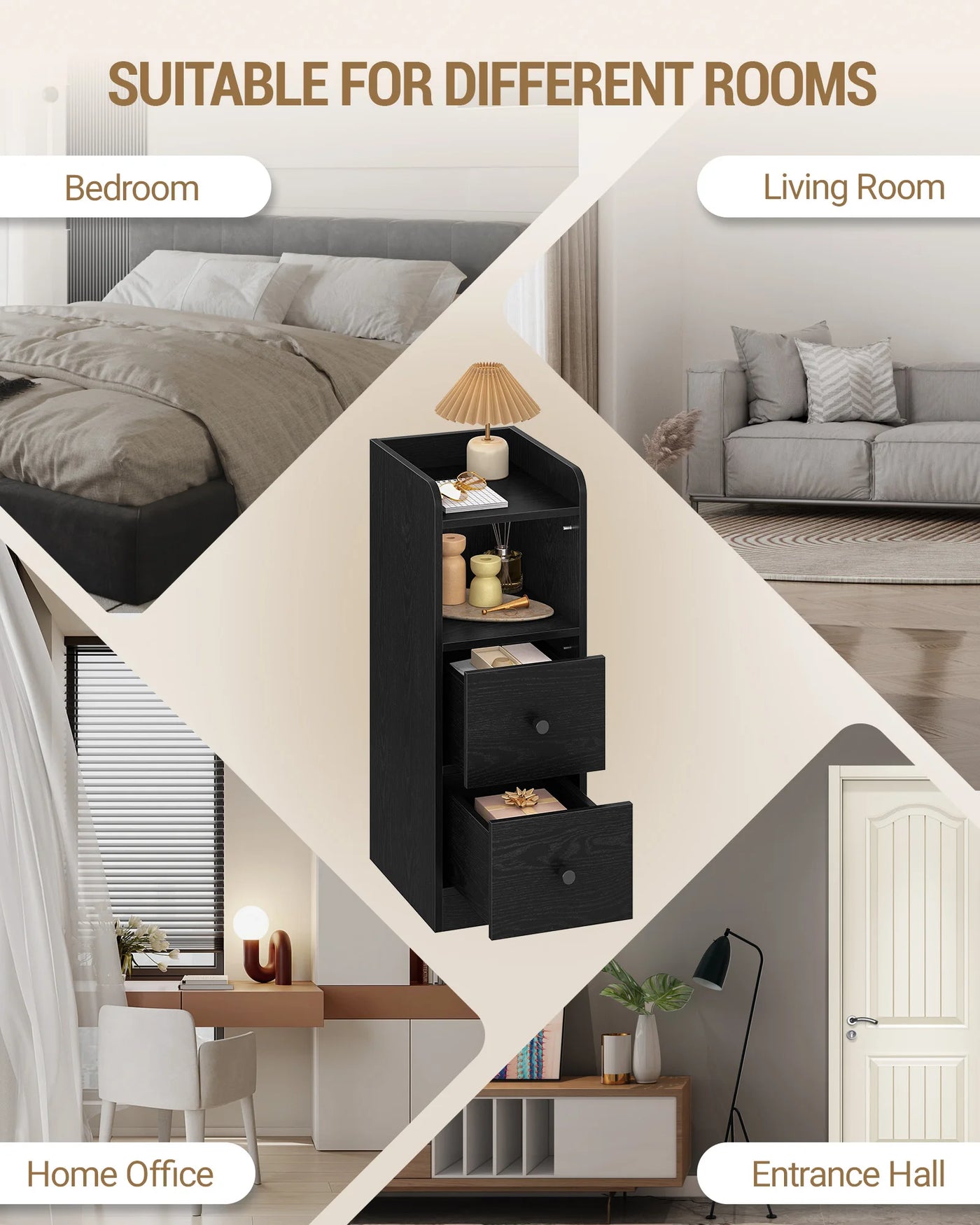 Slim Bedside Table, Narrow Side Table with 2 Drawers, Bedside Cabinet with Open Compartment, Adjustable Drawer Position