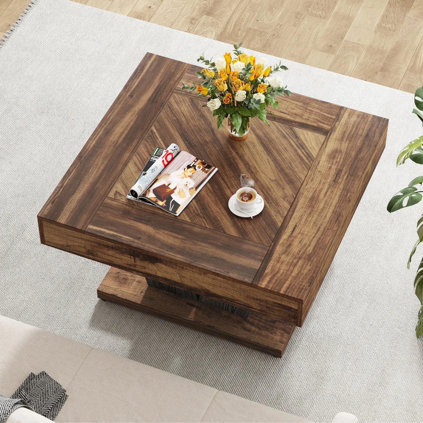 Tribesigns 80cm Square Coffee Table in Rustic Brown & Black - Modern Wooden Centre Table for Living Room