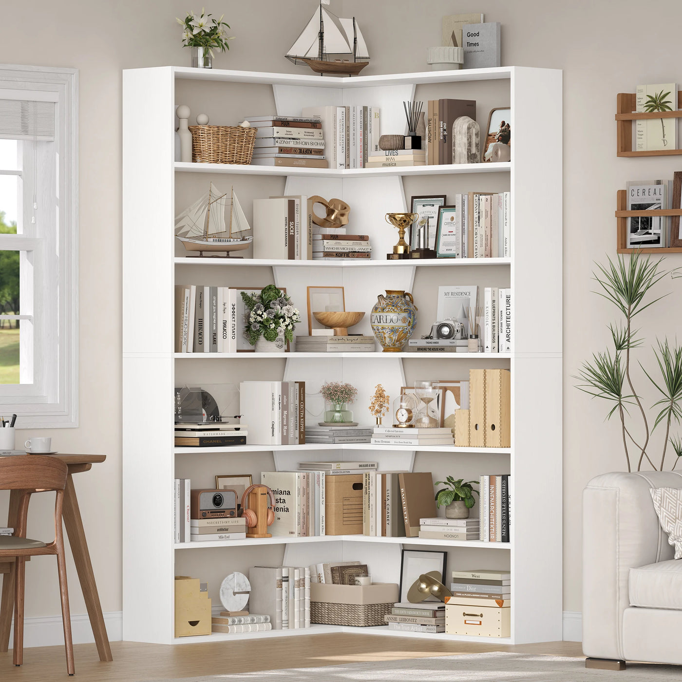Getone 190cm bookshelf, high corner shelf with 6 levels, books wardrobe corner bookshelf living room, study 90x90x190.5cm