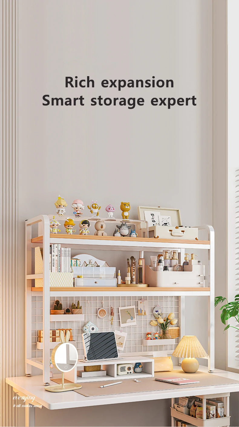Bookcase With Grid Bookshelf Desktop Multi-layer Wrought Iron Shelf Student Computer Desk Table Hole Board Table Wooden Shelves