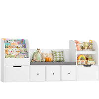 Getone 180.5cm Kids Toy Storage Unit 4-tier Kids Bookshelf with Storage Bench Childrens Bookcase Toy Organiser with 2 Drawers on Wheels, 3 Fabric Drawers for Nursery Playroom Furniture 180.5x35.2x80cm