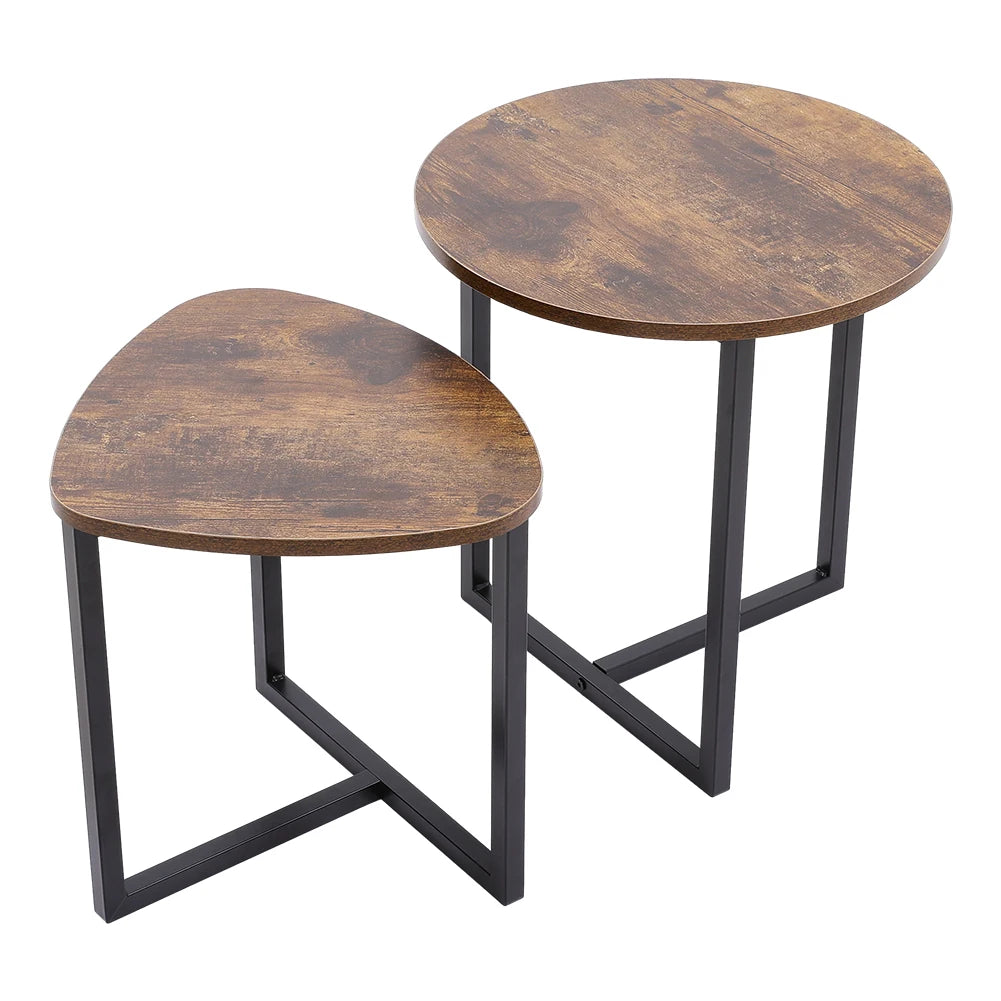 Voltsify Brown Round and Triangular Wooden Tabletop Nesting Side Table Set Modern Coffee Table Bedside Table