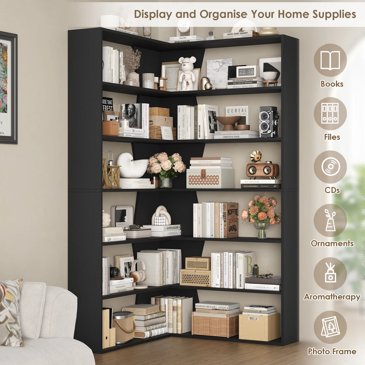 Getone 190cm bookshelf, high corner shelf with 6 levels, books wardrobe corner bookshelf living room, study 90x90x190.5cm